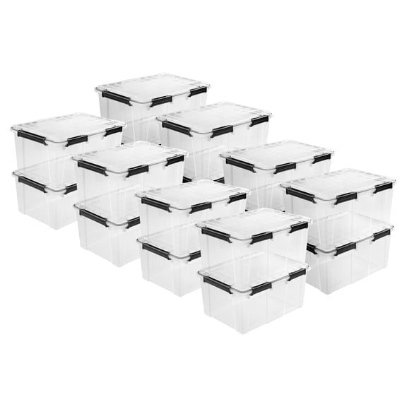Sterilite 80 Qt Gasket Box, Stackable Plastic Storage Container with Lids, Black, 16 Pack