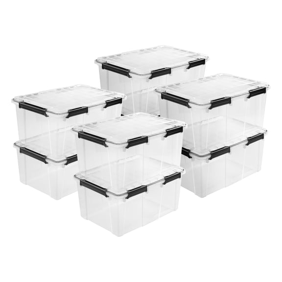 Sterilite 80 Qt Gasket Box, Stackable Plastic Storage Container with Lids, Black, 8 Pack