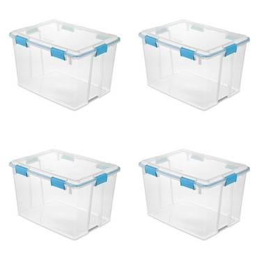 Sterilite 80 Quart Gasket Box, Weather-Resistant Clear Storage Bin with Lid, Blue, 4 Count