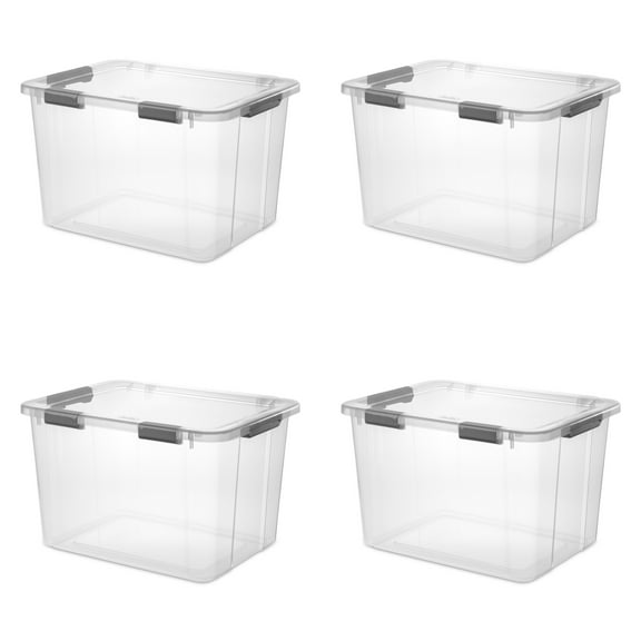 Sterilite Large HingeLID Storage Bin, 80 Quart Clear Plastic Storage Container with Latch Lid and Comfort Grip, Dark Gray, 4 Pack