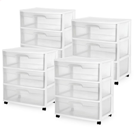 Sterilite Wide 3 Drawer Rolling Plastic Storage Organizer Cart, Clear/White, 4 Pack