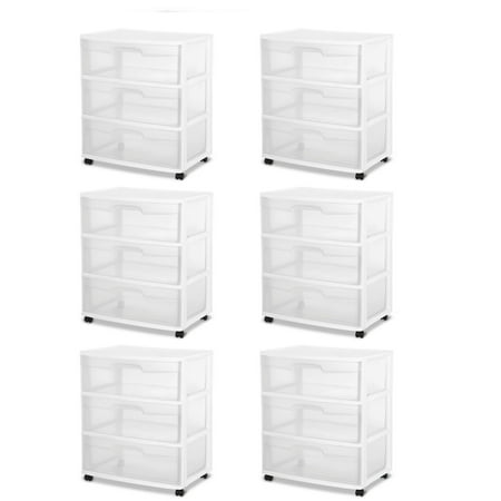 Sterilite At Home 3 Drawer Wide Storage Cart Container with Casters, 6 Pack