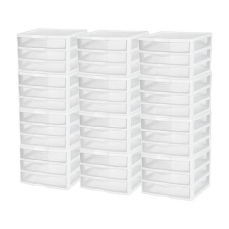 Sterilite Clear Plastic Stackable Small 3 Drawer Storage System, (12 Pack)