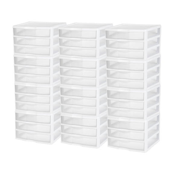 Sterilite Clear Plastic Stackable Small 3 Drawer Storage System, (12 Pack)