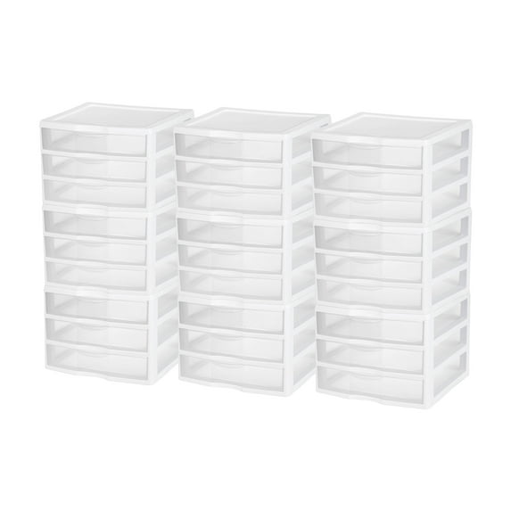Sterilite Clear Plastic Stackable Small 3 Drawer Storage System, (9 Pack)