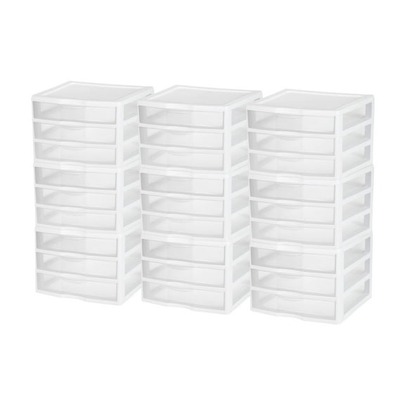 Sterilite Clear Plastic Stackable Small 3 Drawer Storage System, (9 Pack)