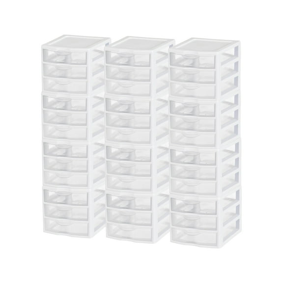 Sterilite Desktop Drawer, 3 Drawer Clear Plastic Countertop Drawer, White, Pack of 12