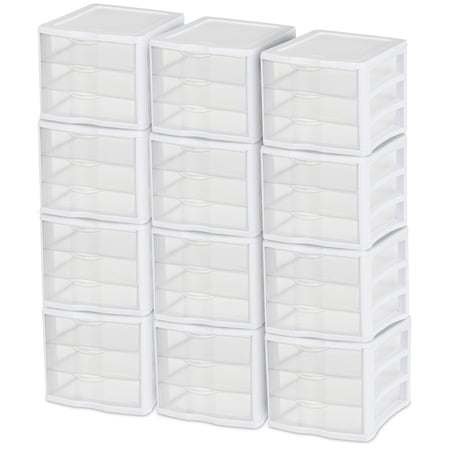 Sterilite ClearView Stacking 3 Drawer Storage Organizer System, (12 Pack)