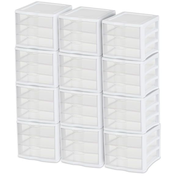 Sterilite ClearView 3 Drawer Storage Organizer - Stackable Plastic Drawers - 12 Pack Clear