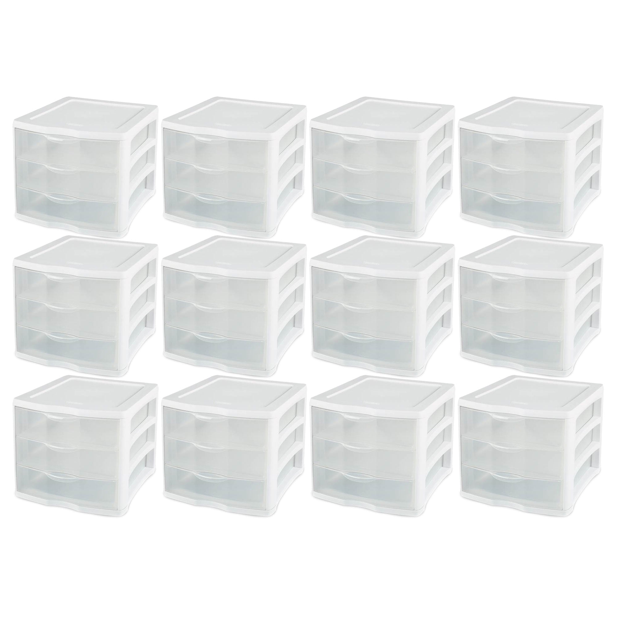 Sterilite ClearView Stacking 3 Drawer Storage Organizer System, (12 Pack) 