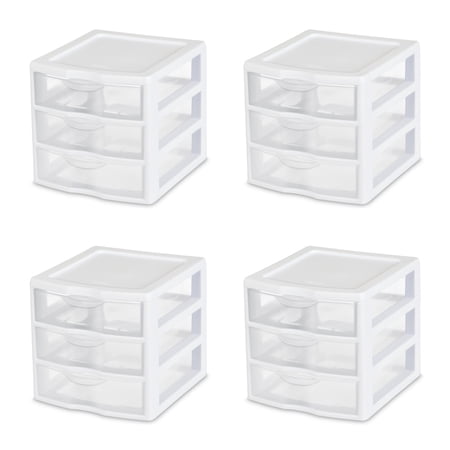 Sterilite 3 Drawer Unit, Stackable Plastic Organizer System with Storage Drawers, 4 Pack