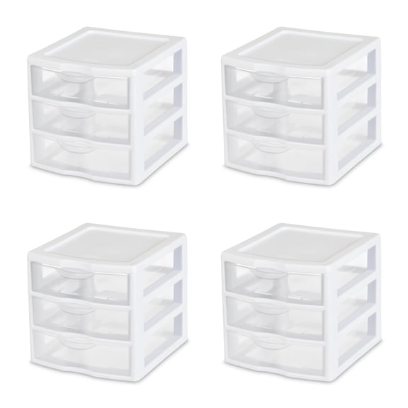 Sterilite 3 Drawer Unit, Stackable Plastic Organizer System with Storage Drawers, 4 Pack