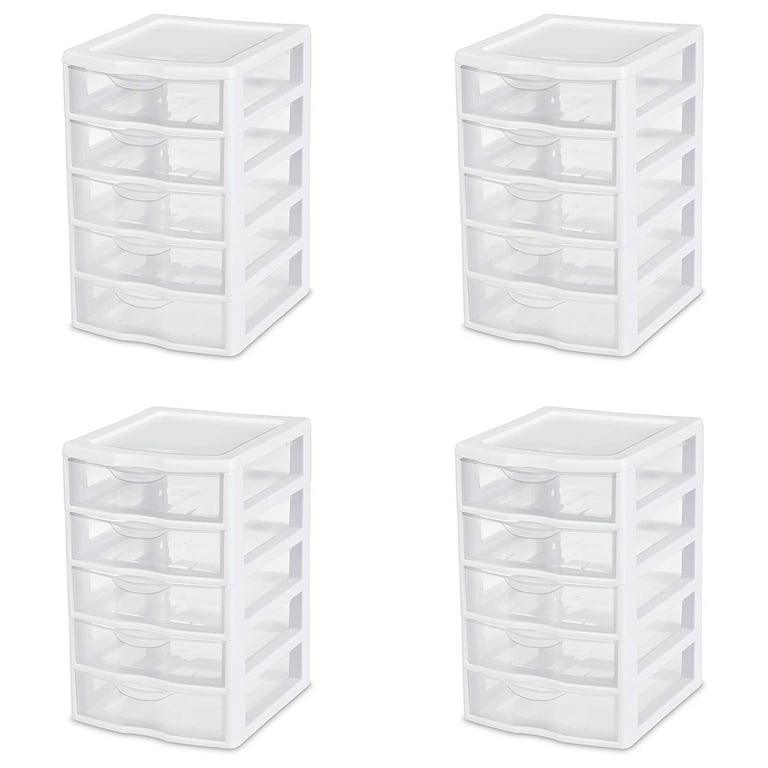 Sterilite Clearview Small Plastic 5 Drawer Desktop Storage System, White, 4 Pack