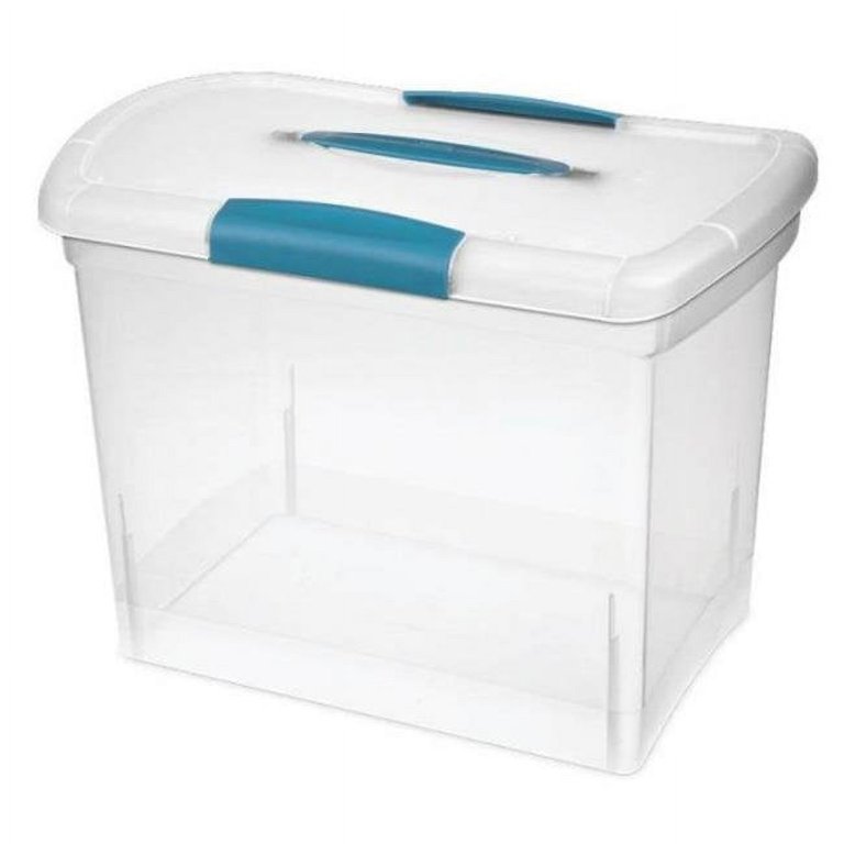 Sterilite Large FlipTop, Stackable Small Storage Bin with Hinging Lid,  Plastic Container to Organize Desk at Home, Classroom, Office, Clear,  24-Pack