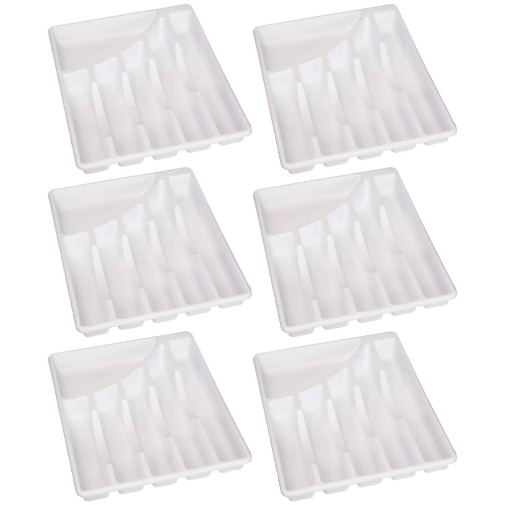 Sterilite Cutlery Tray 6 Compartment Organizer Plastic White, 6Pack