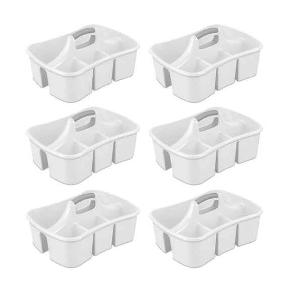 Sterilite Divided Ultra Caddy, Plastic, Portable Storage to Hold Bathroom and Cleaning Supplies, 5 Large Compartments and Handle, White, 6-Pack