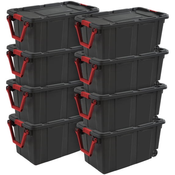 Sterilite Durable 40 Gallon Wheeled Industrial Storage Tote, Black (8 Pack)