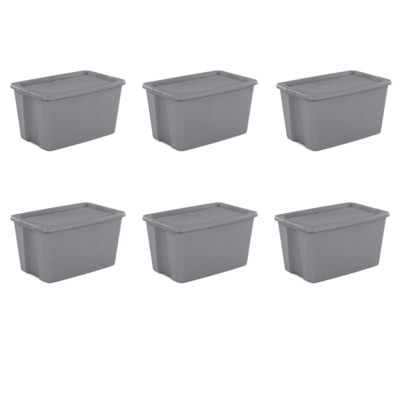 Sterilite Extra Large Storage Bin, 30 Gallon Durable Plastic Storage Tote with Snap-On Lid, Gray, 6 Pack