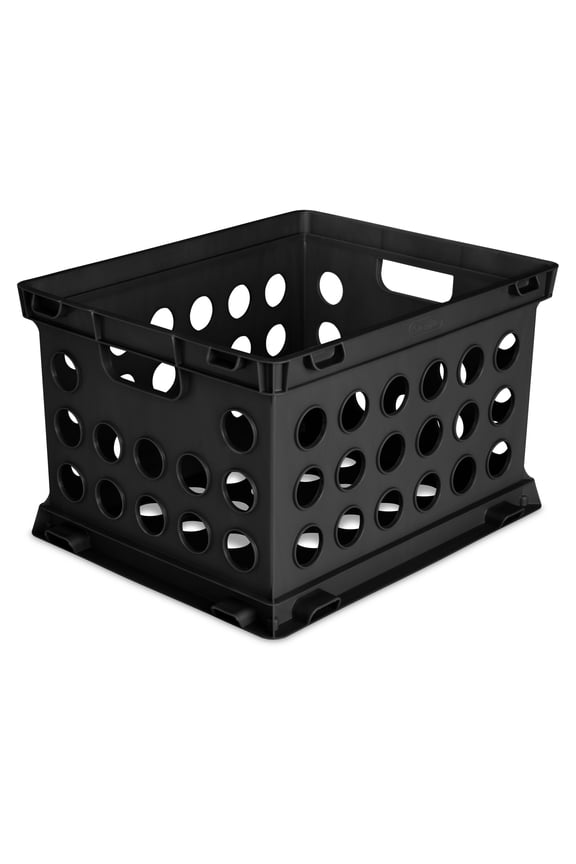 File Crate, Versatile Plastic Storage Bin with Through Handles, Fits Letter & Legal-sized Hanging Files, Stackable, Black