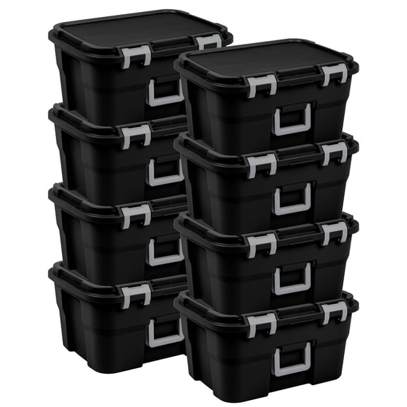 Sterilite Footlocker, 14 Gallon Plastic Storage Container with Latching Lid, Black, 8 Pack