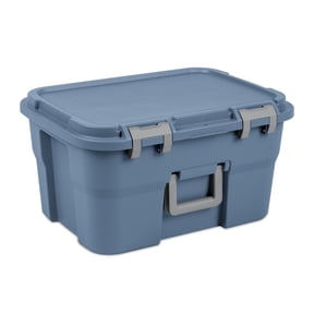 Sterilite 14 Gallon Footlocker Storage Bin, Heavy Duty Plastic Storage Trunk Container, Lockable with Handle, Blue