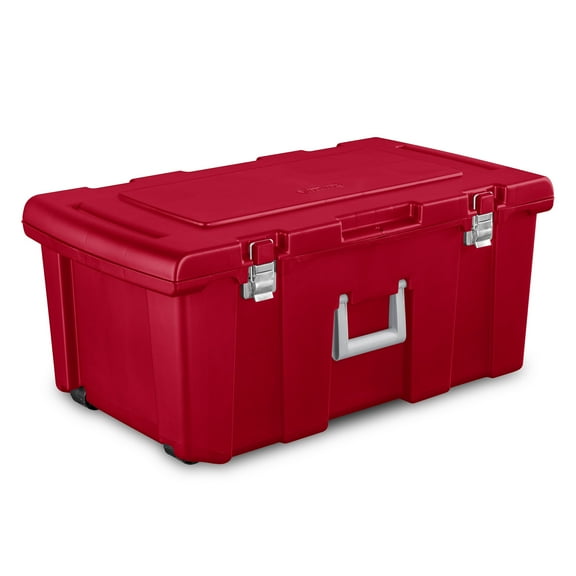 Sterilite Footlocker, Heavy Duty Plastic Storage Container, with Handle and Wheels, Lockable, Red