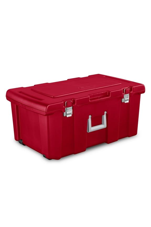 Large Footlocker, Heavy Duty Plastic Storage Bin, with Handle and Wheels, Lockable, Red