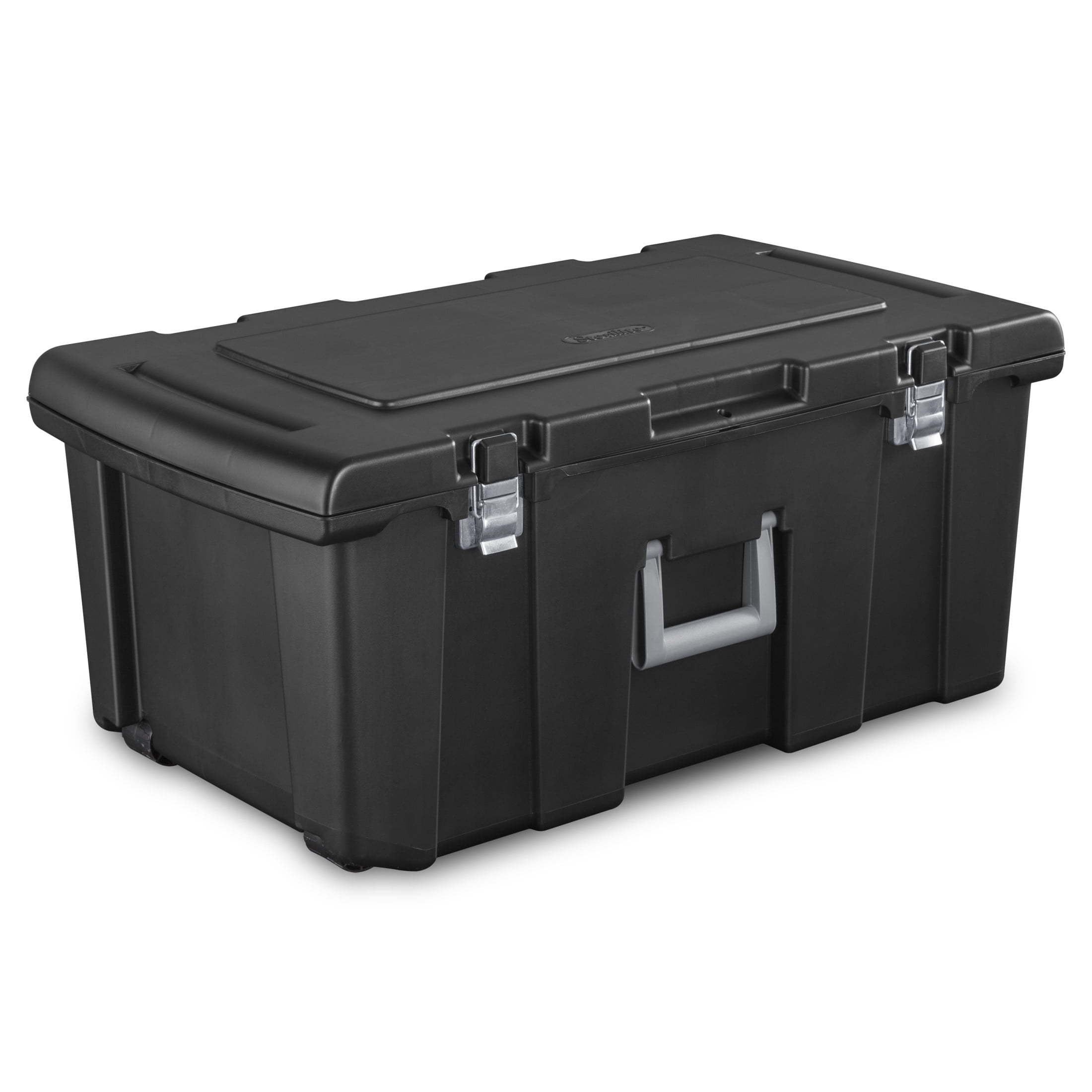 Sterilite Footlocker, Heavy Duty Plastic Storage Container with Handle and Wheels, Lockable, Black