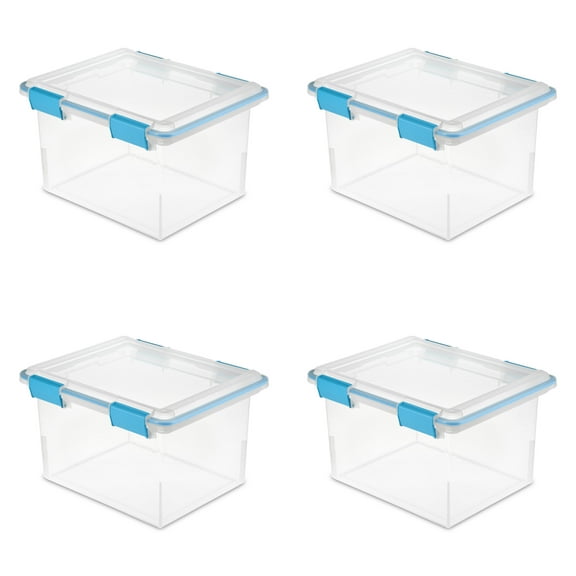 Sterilite Gasket Box, 32 Quart Clear Weather-Resistant Plastic File Storage Bin with Gasket Seal and Latch Lid, Blue, 4 Pack