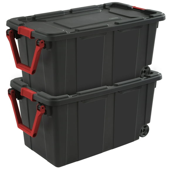 Sterilite 40 Gal Wheeled Industrial Tote Stackable Bin with Latch Lid, 2 Pack