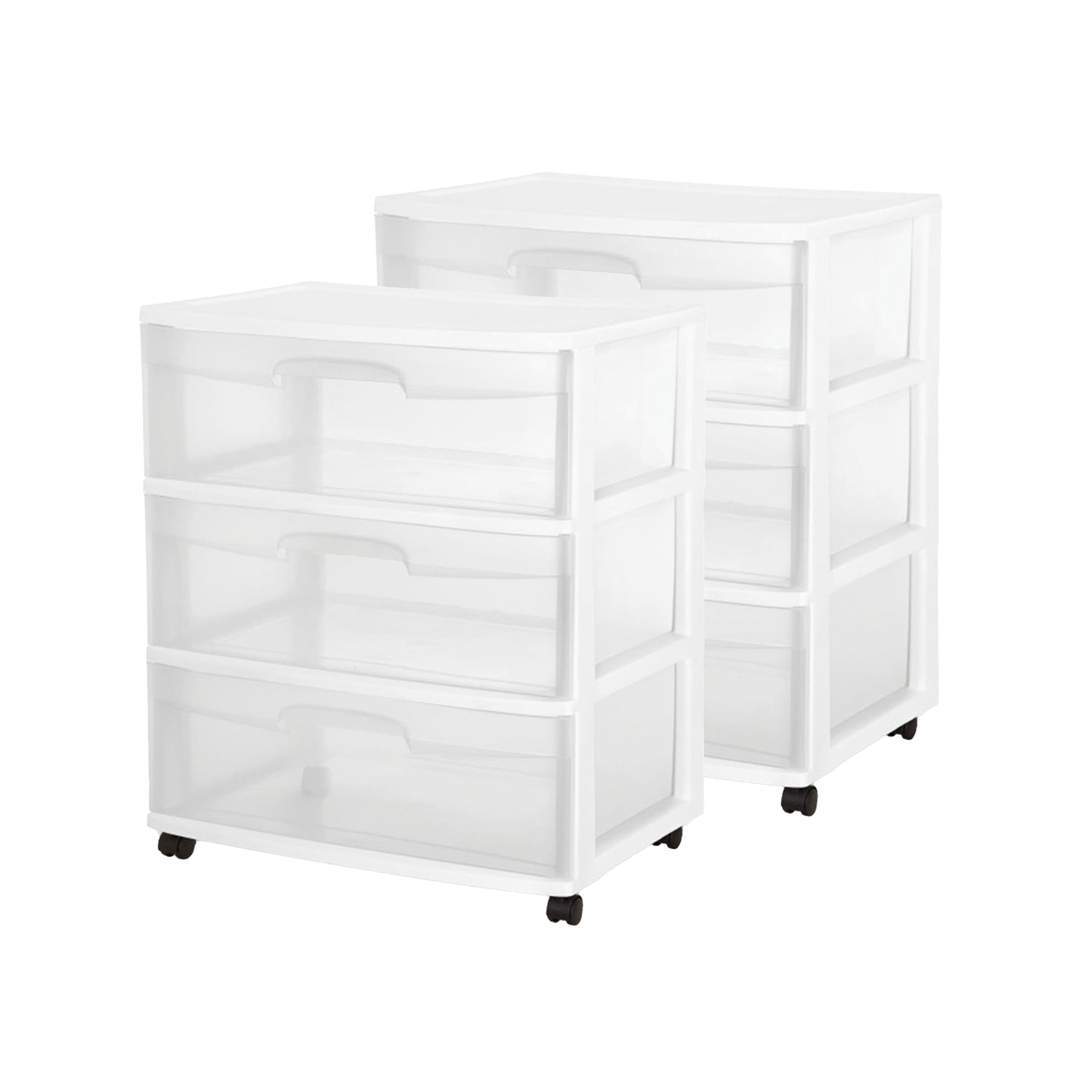 Sterilite 3-Drawer Wide Storage Organizer Cart, Rolling Containers w/ Wheels, 2 Pack