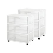 Sterilite Wide 3 Drawer Plastic Rolling Cart Container with Casters, 2 Pack