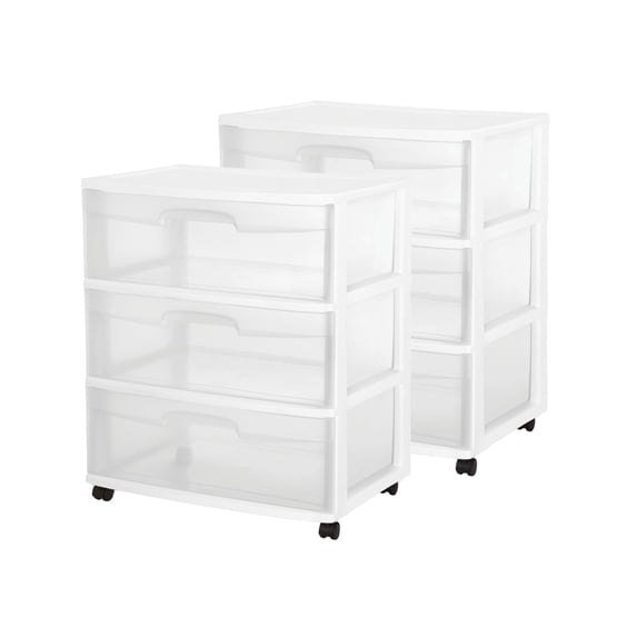 Sterilite 3-Drawer Wide Storage Organizer Cart, Rolling Containers w/ Wheels, 2 Pack