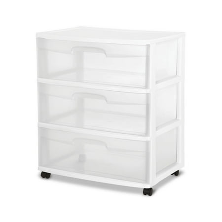 Sterilite 3-Drawer Wide Storage Organizer Cart, Rolling Containers w/ Wheels, 2 Pack
