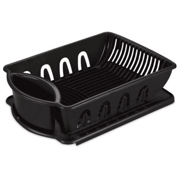 Sterilite Large 2 Piece Sink Set, Dish Drainer and Drainboard for Plates, Cups, and Flatware, Black