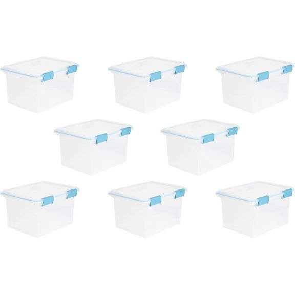 Sterilite Large 32 Quart Multipurpose Clear Plastic Storage Container Tote with Latching Lid for Home and Office Organization, 8 Pack