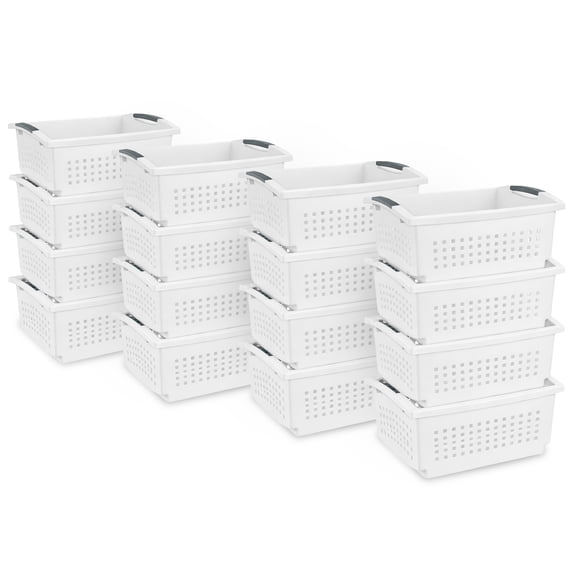 Sterilite Large Stacking Basket, Open Top Storage Bin with Handles, 16 Pack, White