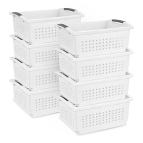 Sterilite Large Stacking Basket, Open Top Storage Bin with Handles, 8 Pack, White