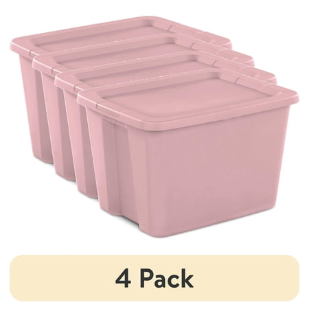 Sterilite Large Storage Bin, 18 Gallon Plastic Storage Container with Snap-On Lid, Light Pink(4 pack)