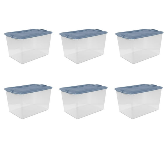 Sterilite Large Latching Storage Bin, 66 Quart Clear Plastic Storage Container with Latch Lid, Blue, 6 Pack