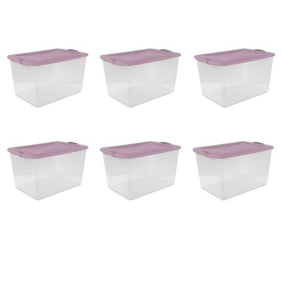 Sterilite Large Storage Bin, 66 Quart Clear Plastic Storage Container with Latch Lid Purple, Pack of 6