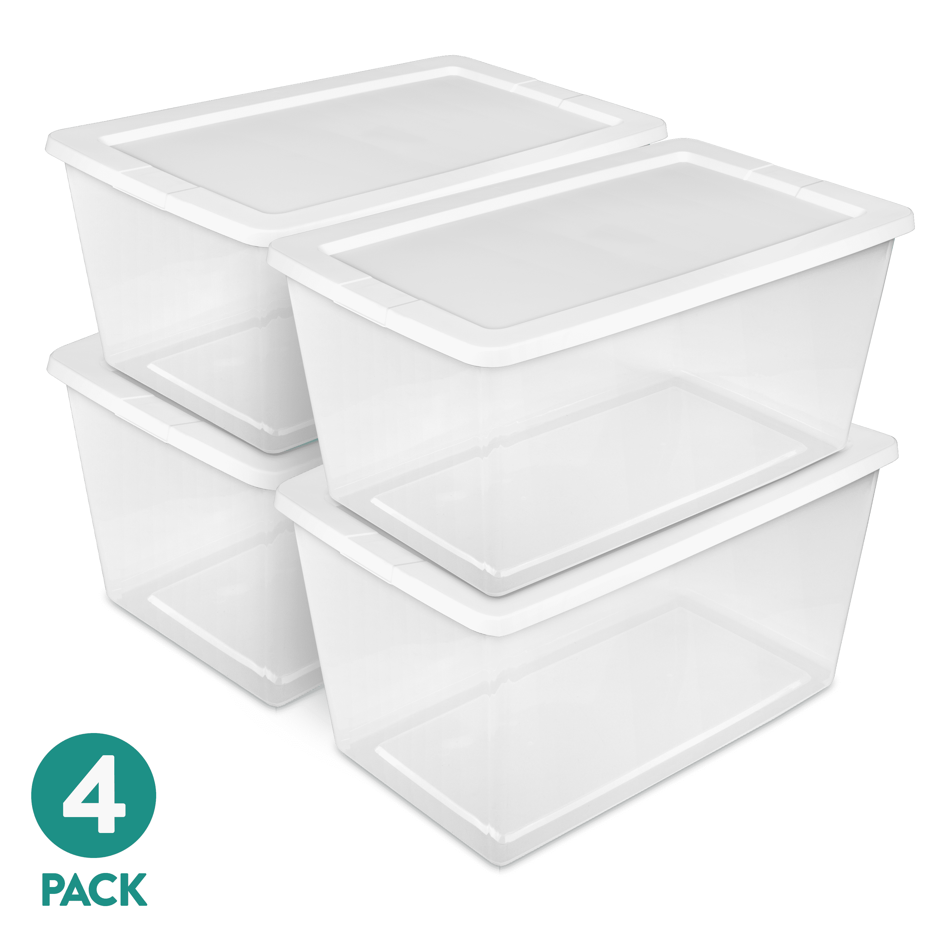 Sterilite 90 Quart Storage Box, Clear Plastic Storage Bin with Snap-on Lid, White, 4 Pack