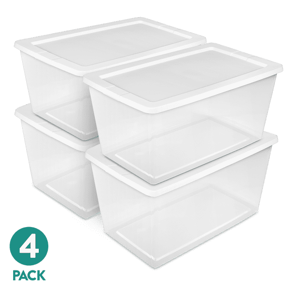 Sterilite 90 Quart Storage Box, Clear Plastic Storage Bin with Snap-on Lid, White, 4 Pack