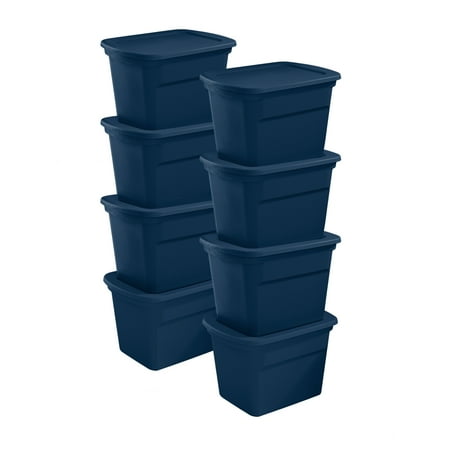 Sterilite Lidded Stackable 18 Gallon Storage Tote Container, Blue, 8 Pack