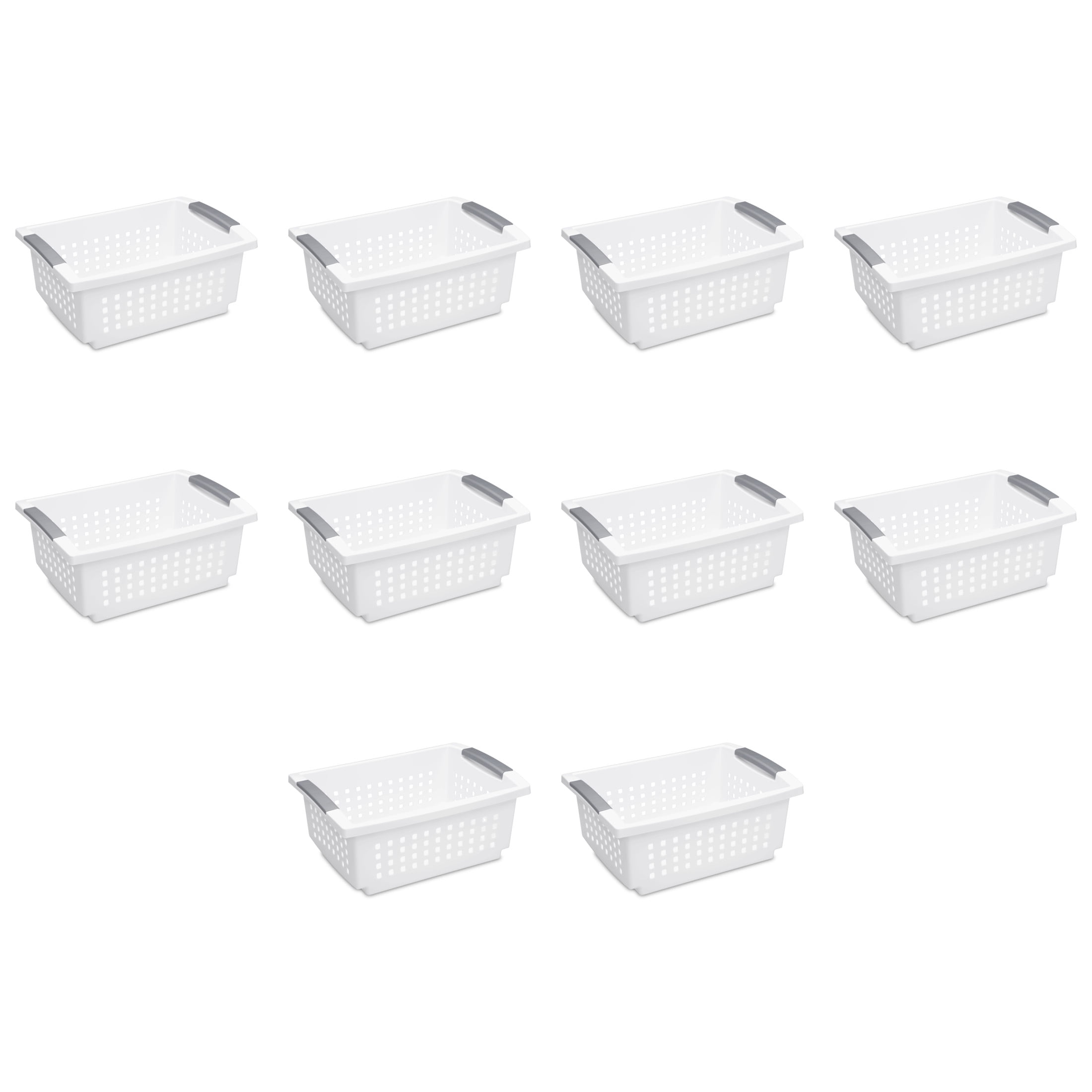 Sterilite Medium Stacking Basket, Open Plastic Bin, Space Saving Organizers, White, 10 Count