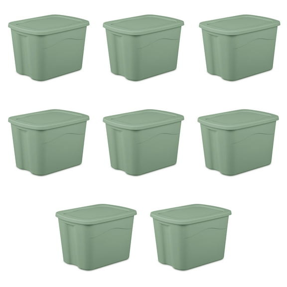 Sterilite Large Storage Bin, 18 Gallon Plastic Storage Container with Snap-On Lid, Green, 8 Pack