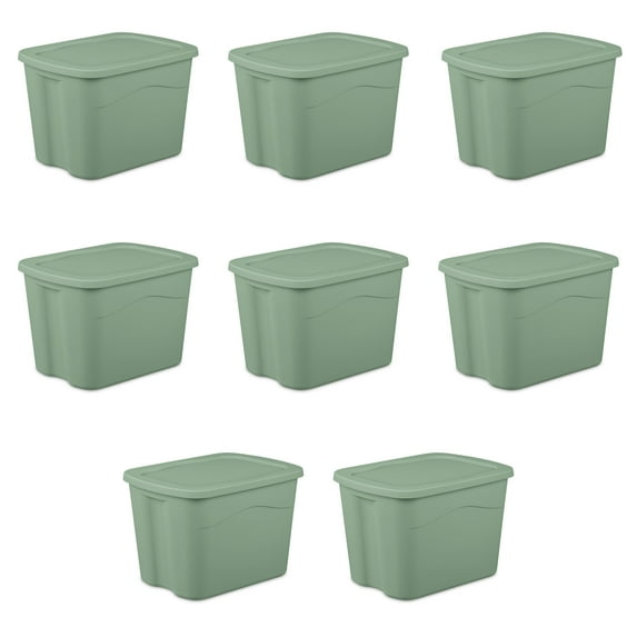 Sterilite Large Storage Bin, 18 Gallon Durable Plastic Storage Tote with Snap-On Lid , Green, 8 Pack