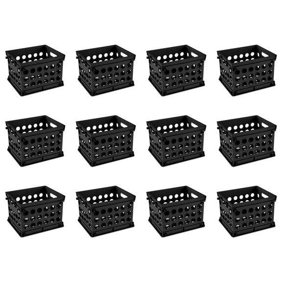 Sterilite Mini Storage Crate, Multi-Purpose Stackable Plastic Storage Bin with Handles, Black, 12 Pack
