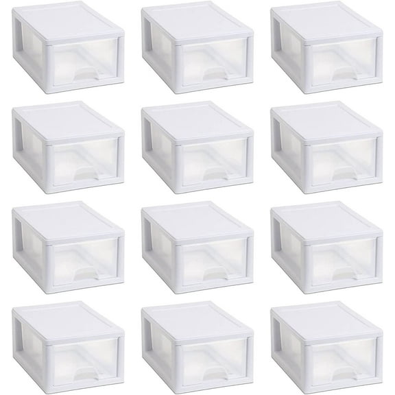 Sterilite Multipurpose Stackable Small Drawer Tote Containers with Reliable White Frame for Home or Office Organization, Clear 12 Pack