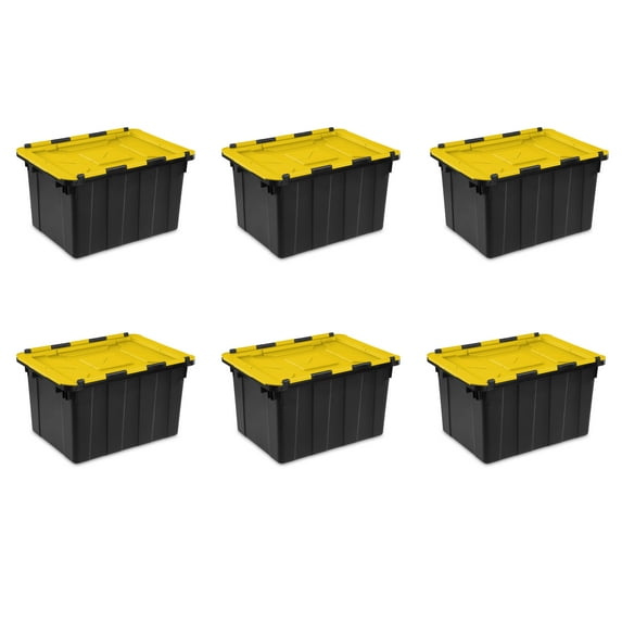 Sterilite Plastic 12 Gallon Hinged Lid Industrial Tote Yellow Lily Set of 6